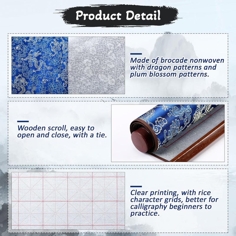 Jaloro 6 Pcs Chinese Calligraphy Cloth Set Magic Writing with Water Canvas No Ink Scroll Canvas Reusable Calligraphy Practice Kit with Brush Pen Plastic Dish Gift for Beginners Home School - Image 3